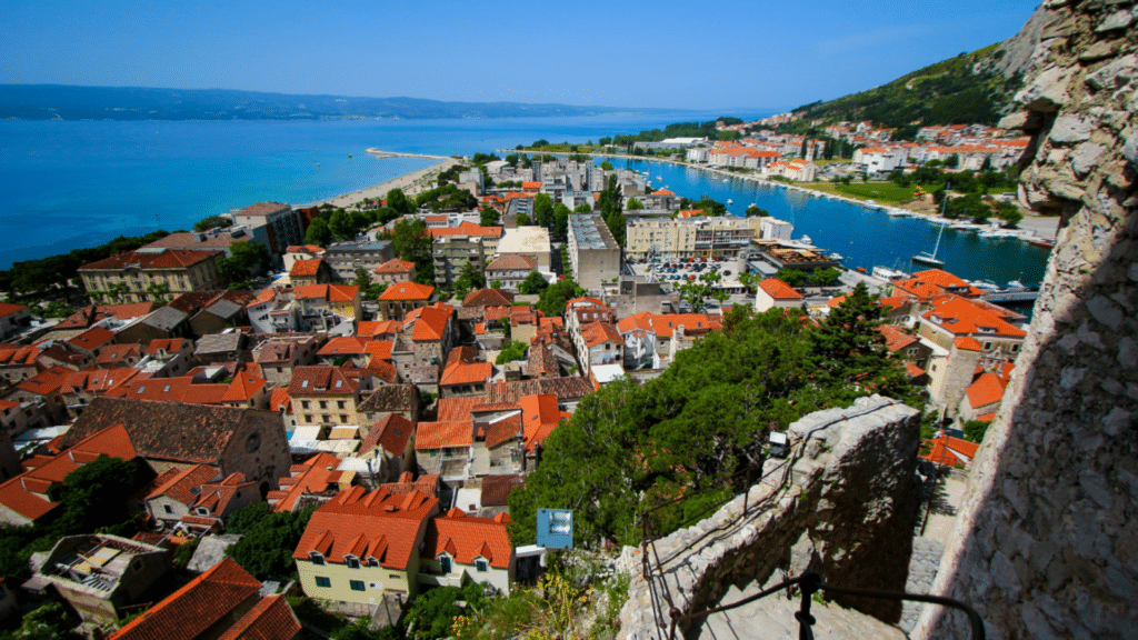Panoramic view of Omis, Croatia, overlooking the Adriatic coastline and historic town